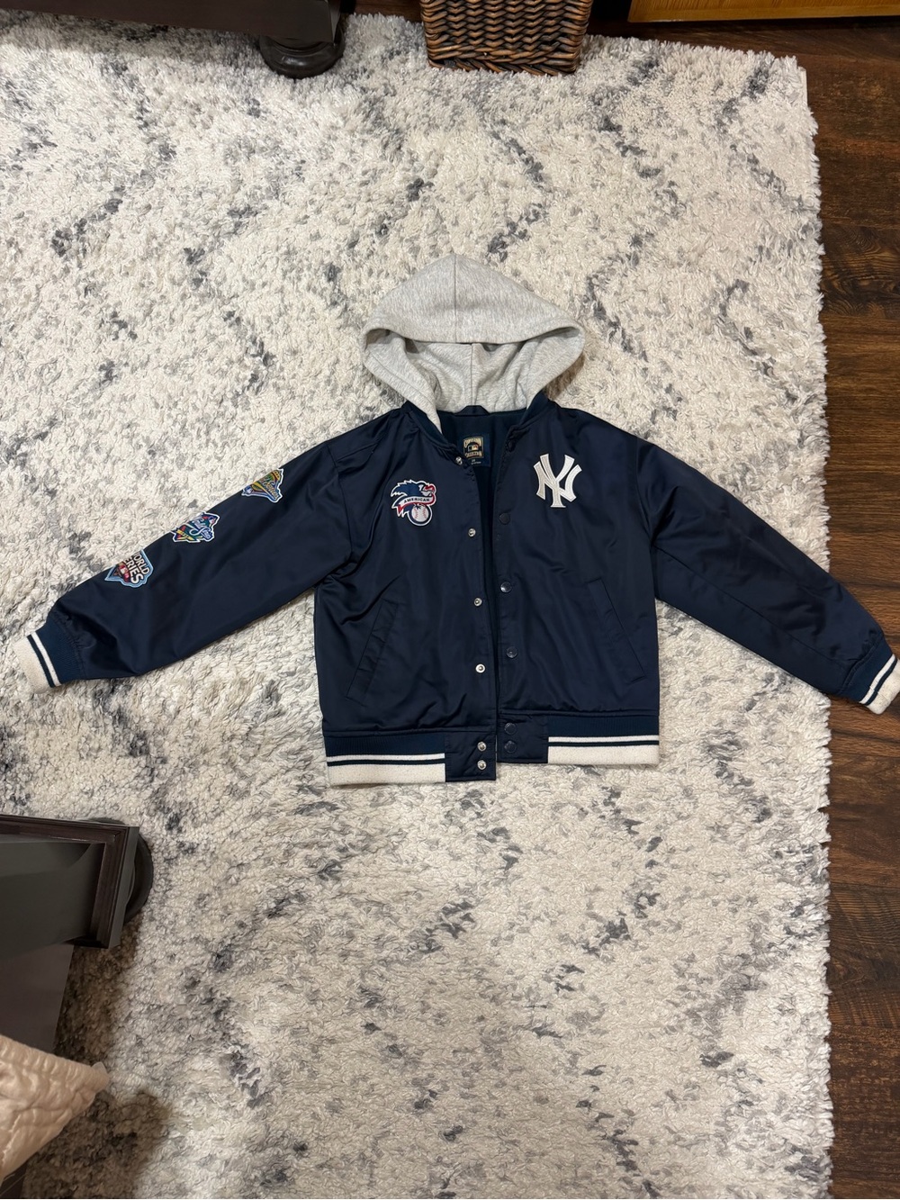 abercrombie kids Navy and Gray Hooded Team Patch Jacket